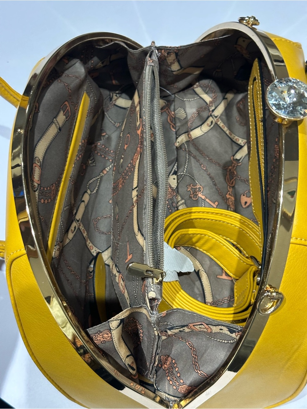 Yellow Dome Satchel Handbag with Gold Trim - Picture 4 of 6